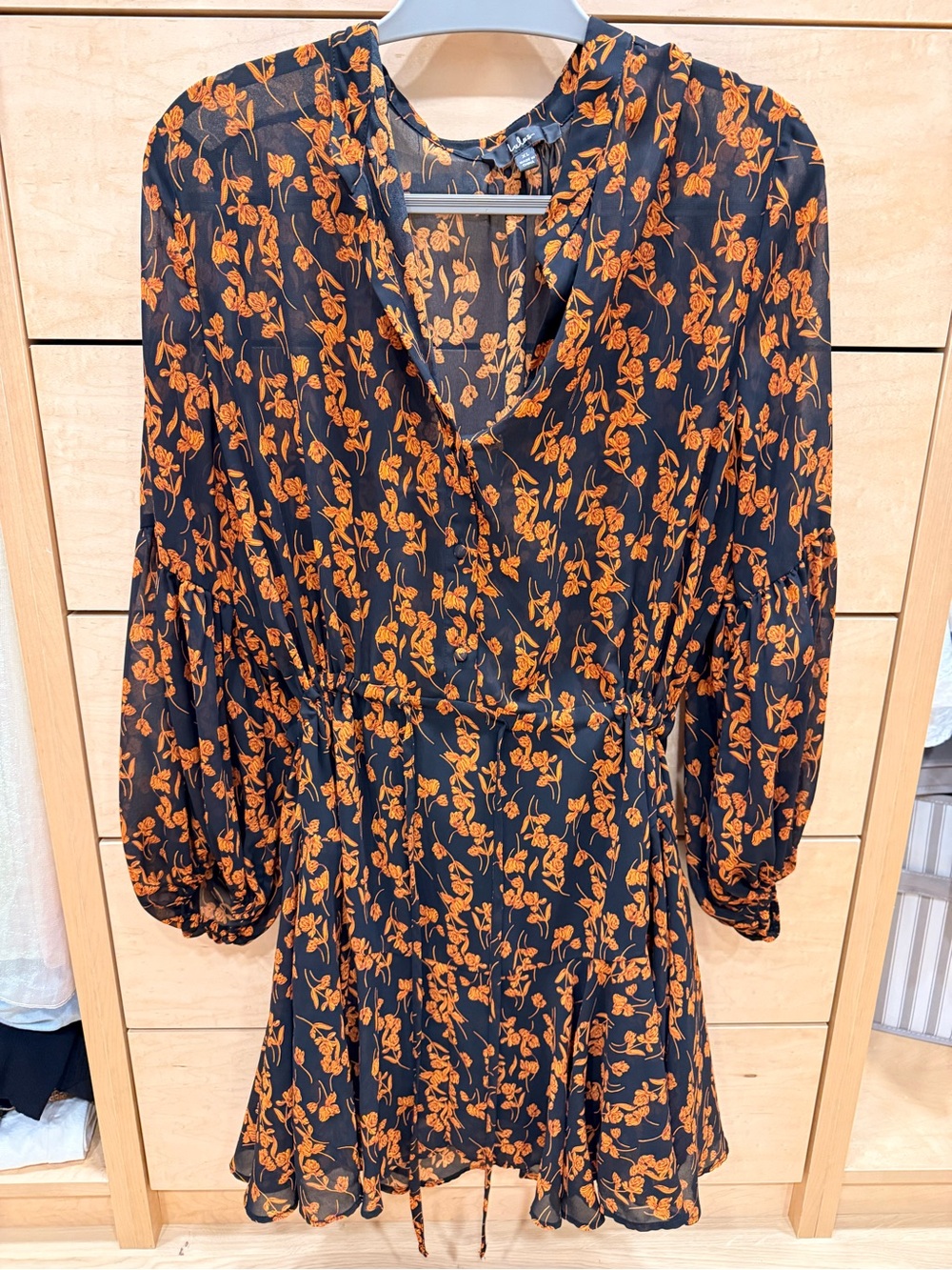 Lulu's Black Dress with Orange Floral Print and Tie Waist